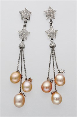 Lot 3077 - Pair of White Gold, Freshwater Peach Pearl and Diamond Pendant Earrings