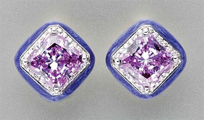 Lot 3321 - Pair of Enamel, Hydrothermal Lavender Quartz and Diamond Earrings