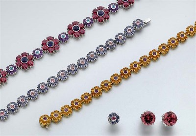 Lot 934 - Three Gem-Set Bracelets and Pair of Pink Tourmaline Earrings