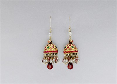 Lot 762 - Pair of Indian Gold, Gem-Set and Freshwater Pearl Pendant-Earrings