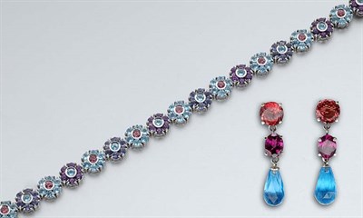 Lot 657 - Blue Topaz, Amethyst and Pink Tourmaline Bracelet and Pair of Pendant-Earrings