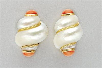 Lot 3171 - Pair of Shell and Coral Earclips