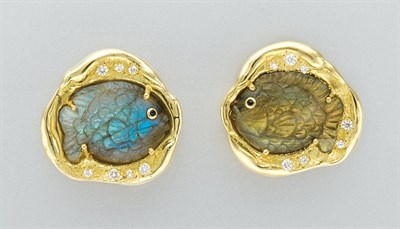 Lot 3174 - Pair of Gold, Carved Labradorite and Diamond Earclips