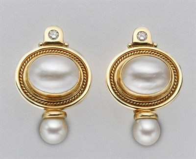 Lot 3189 - Pair of Gold, Mabe Pearl, Cultured Pearl and Diamond Earclips
