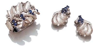 Lot 3575 - White Gold, Sapphire and Diamond Cuff Bangle and Pair of Earclips