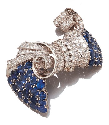 Lot 3576 - Sapphire and Diamond Bow Clip Brooch