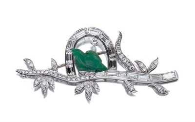 Lot 3630 - Carved Jade and Diamond Brooch
