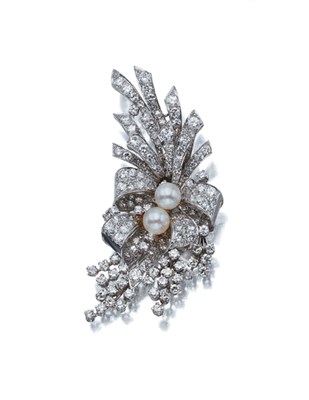 Lot 3617 - rCultured Pearl and Diamond Bow Clip Brooch