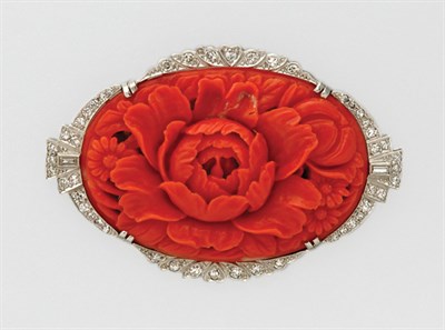 Lot 3154 - Carved Coral and Diamond Pendant Brooch
