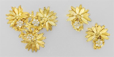 Lot 3132 - Gold and Diamond Flower Brooch and Pair of Earclips