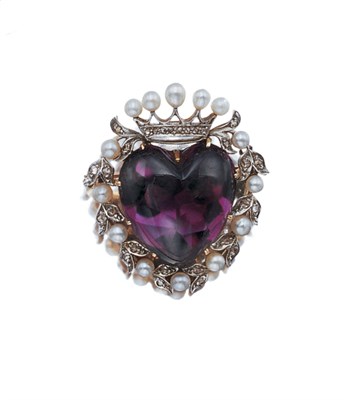 Lot 3564 - Antique Cabochon Amethyst, Pearl and Diamond Brooch