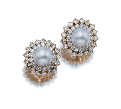 Lot 3616 - Pair of Cultured Pearl and Diamond Earclips