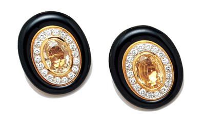 Lot 3598 - Pair of Black Enamel, Yellow Sapphire and Diamond Earclips