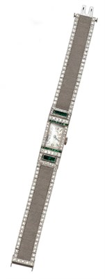 Lot 3573 - Platinum, Emerald and Diamond Mesh Wristwatch