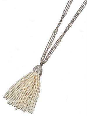Lot 3571 - Diamond and Cultured Pearl Tassel Pendant with Triple Strand White Gold and Seed Pearl Chain Necklace