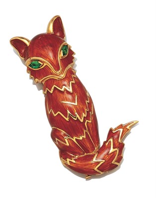 Lot 3602 - Gold, Enamel and Emerald Fox Clip Brooch