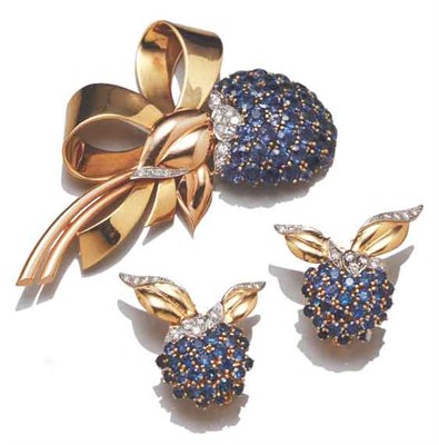 Lot 3583 - Two-Color Gold, Platinum, Sapphire and Diamond Flower Brooch and Pair of Earclips