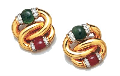 Lot 3596 - Pair of Gold, Platinum, Cabochon Emerald, Ruby and Diamond Earclips