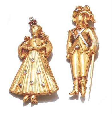 Lot 3584 - Gold, Platinum and Diamond Bride and Groom Brooches