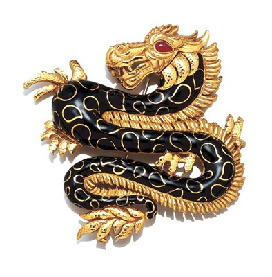 Lot 3603 - Gold, Enamel and Cabochon Ruby Dragon Clip Brooch