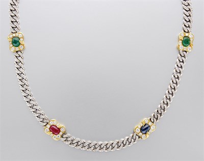 Lot 3181 - White Gold, Cabochon Colored Stone and Diamond Chain Necklace