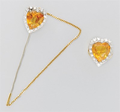 Lot 3184 - Citrine and Diamond Ring and Stickpin