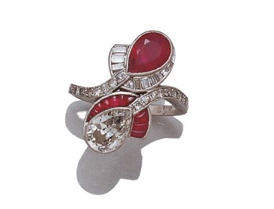 Lot 3638 - Ruby and Diamond Crossover Ring