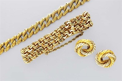 Lot 3203 - Two Gold Bracelets and Pair of Two-Color Gold Earclips