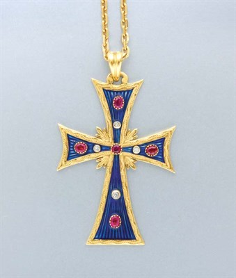 Lot 3212 - Gold, Enamel, Ruby and Diamond Cross Pendant with Chain