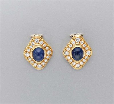 Lot 3217 - Pair of Gold, Cabochon Sapphire and Diamond Earclips