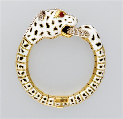 Lot 3218 - Gold, Enamel and Diamond Leopard Bangle