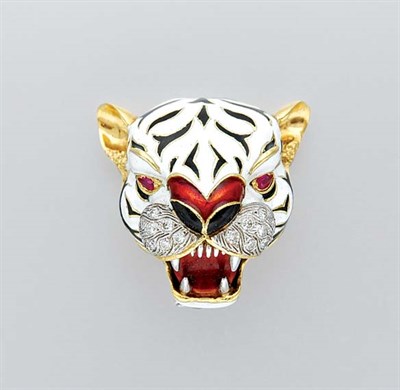 Lot 3219 - Gold, Enamel, Diamond and Ruby Tiger Clip Brooch