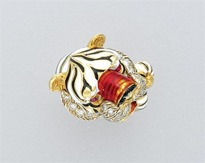 Lot 3221 - Gold, Enamel and Diamond Tiger Ring
