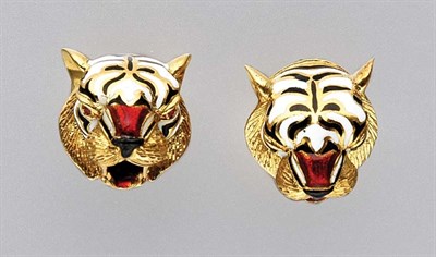 Lot 3222 - Pair of Gold and Enamel Tiger Cufflinks