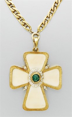 Lot 3371 - Ivory, Cabochon Emerald and Diamond Cross Pendant with Chain