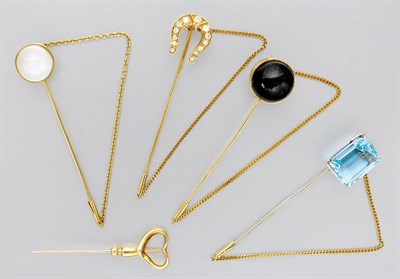 Lot 3239 - Five Hardstone, Gem-set and Diamond Stickpins