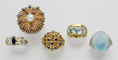 Lot 311 - Six Gold and Gem-Set Rings and One Costume Ring