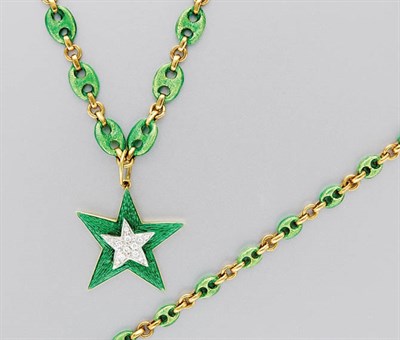 Lot 3240 - Gold and Green Enamel Chain with Diamond Pendant and Bracelet