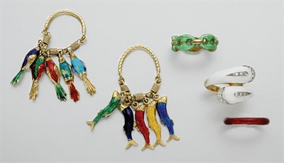 Lot 310 - Group of Enamel Rings and Pair of Earring Pendants