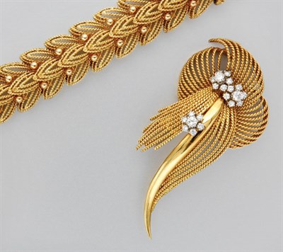 Lot 3234 - Gold Bracelet and Gold and Diamond Flower Brooch