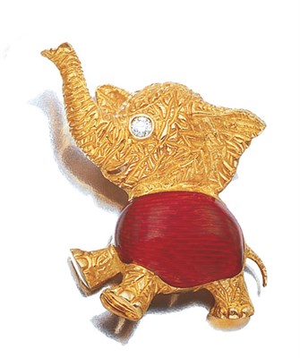 Lot 3503 - Gold, Enamel and Diamond Elephant Brooch