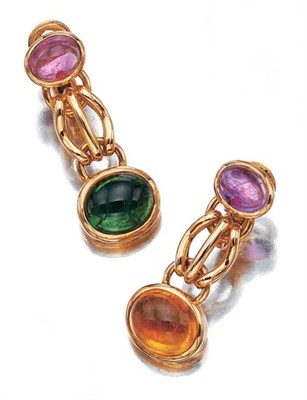 Lot 3424 - Pair of Gold and Cabochon Colored Stone Pendant Earclips