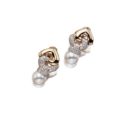 Lot 3510 - Pair of Two-Color Gold, Cultured Pearl and Diamond Earclips