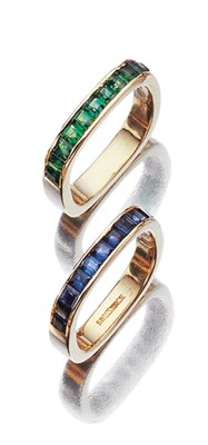Lot 3504 - Two Gold, Emerald and Sapphire Band Rings