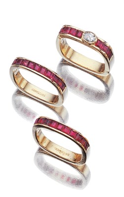 Lot 3505 - Three Gold, Ruby and Diamond Band Rings