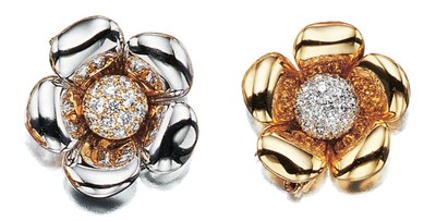 Lot 3463 - Pair of Two-Color Gold and Diamond Flower Clip Brooches