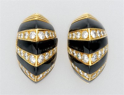 Lot 3289 - Pair of Gold, Black Onyx and Diamond Earclips
