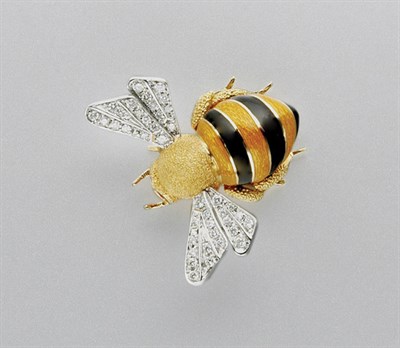 Lot 3308 - Two-Color Gold, Enamel and Diamond Bee Clip Brooch