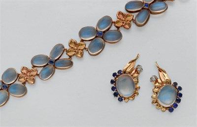 Lot 3265 - Gold, Moonstone and Sapphire Bracelet and Pair of Earrings
