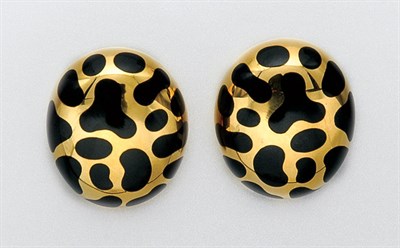 Lot 3282 - Pair of Gold and Black Onyx Earclips